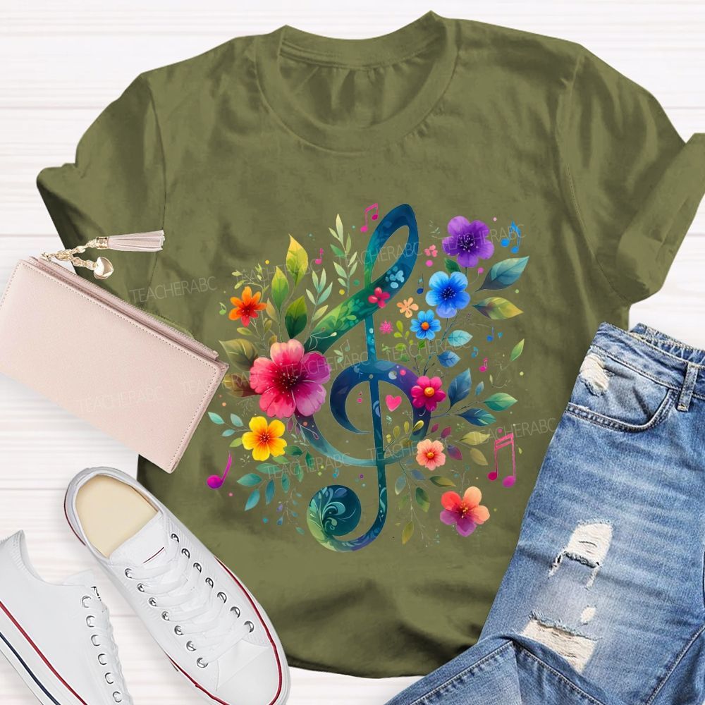 Floral Treble Clef Watercolor Music Note Teacher T-shirt