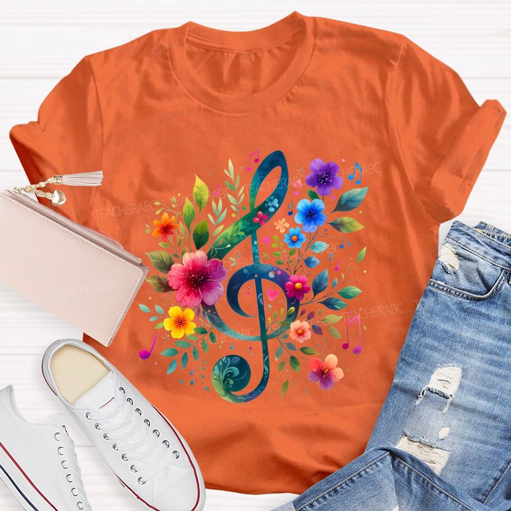 Floral Treble Clef Watercolor Music Note Teacher T-shirt
