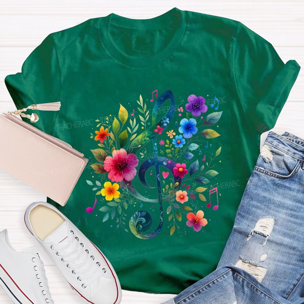 Floral Treble Clef Watercolor Music Note Teacher T-shirt