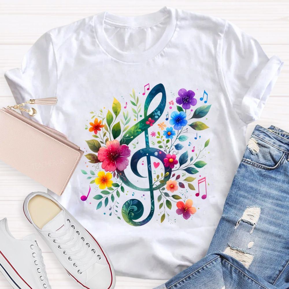 Floral Treble Clef Watercolor Music Note Teacher T-shirt