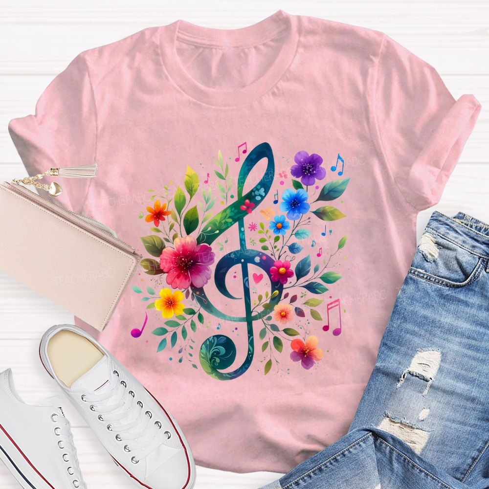 Floral Treble Clef Watercolor Music Note Teacher T-shirt