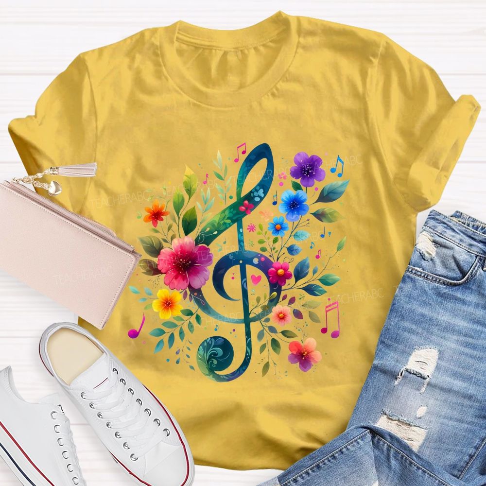 Floral Treble Clef Watercolor Music Note Teacher T-shirt