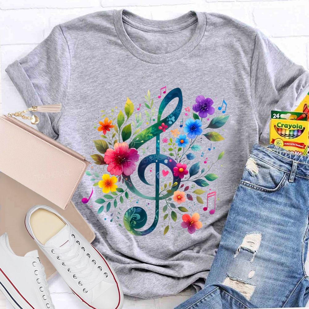 Floral Treble Clef Watercolor Music Note Teacher T-shirt
