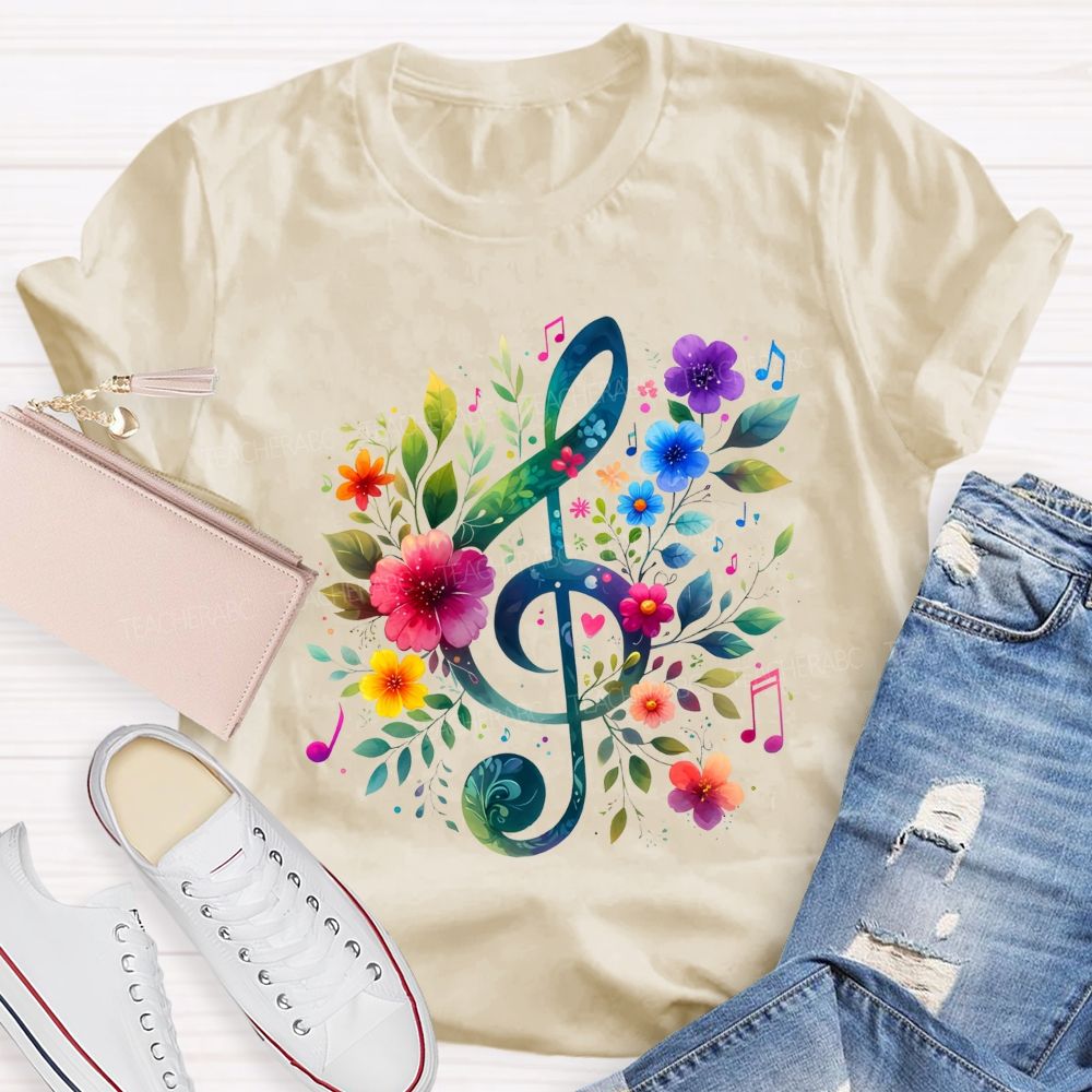Floral Treble Clef Watercolor Music Note Teacher T-shirt