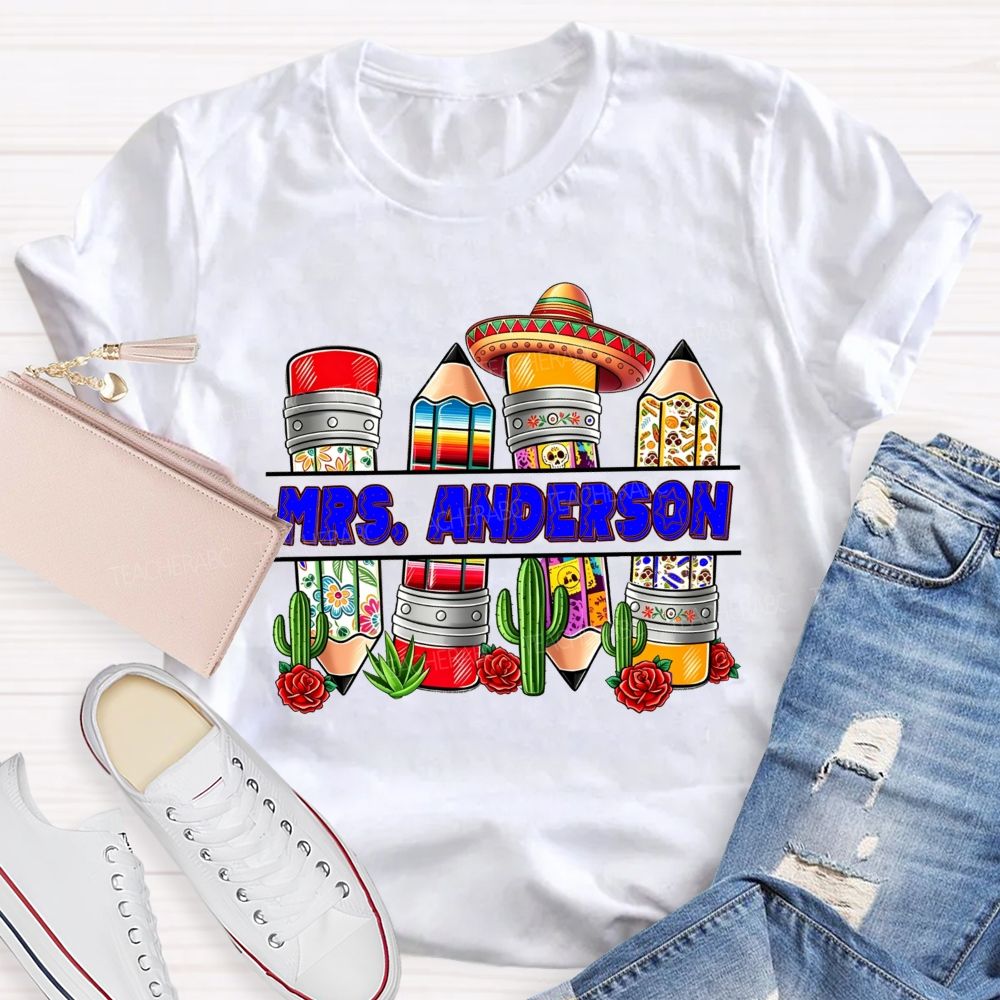 Personalized Name Spanish Vintage Flower Pencil Teacher T-shirt