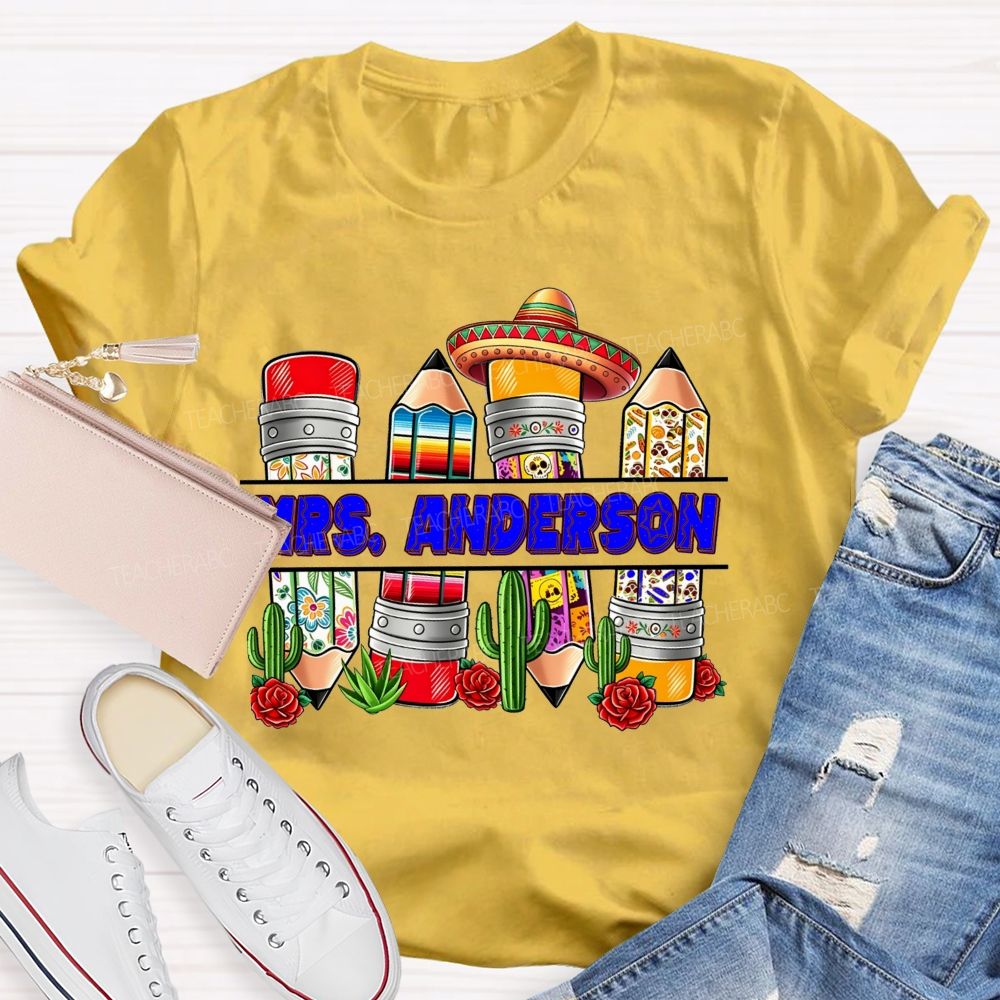 Personalized Name Spanish Vintage Flower Pencil Teacher T-shirt