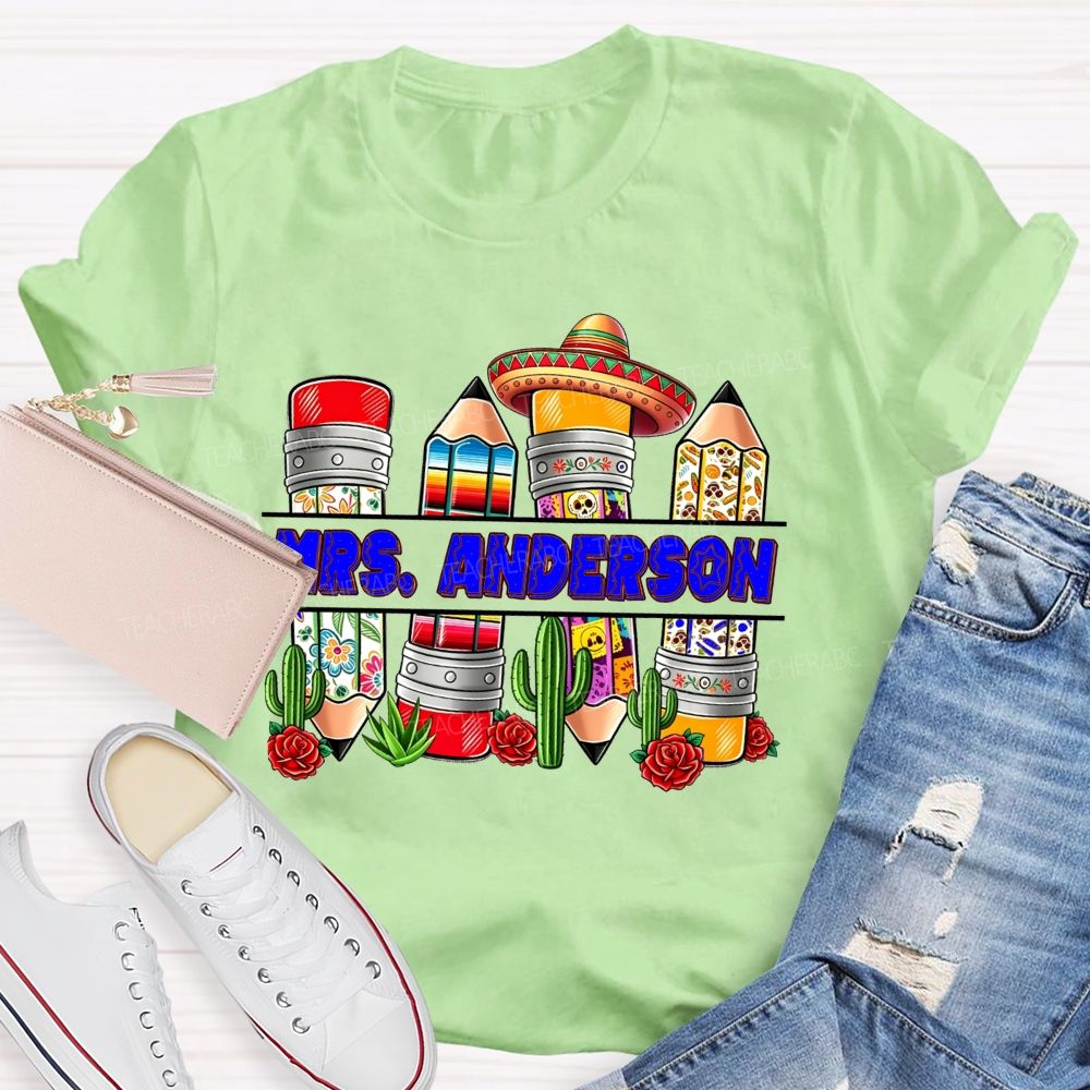 Personalized Name Spanish Vintage Flower Pencil Teacher T-shirt