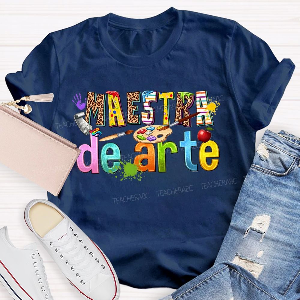 Maestra De Arte Leopard Stripe Letter Paint Palette Art Teacher T-shirt