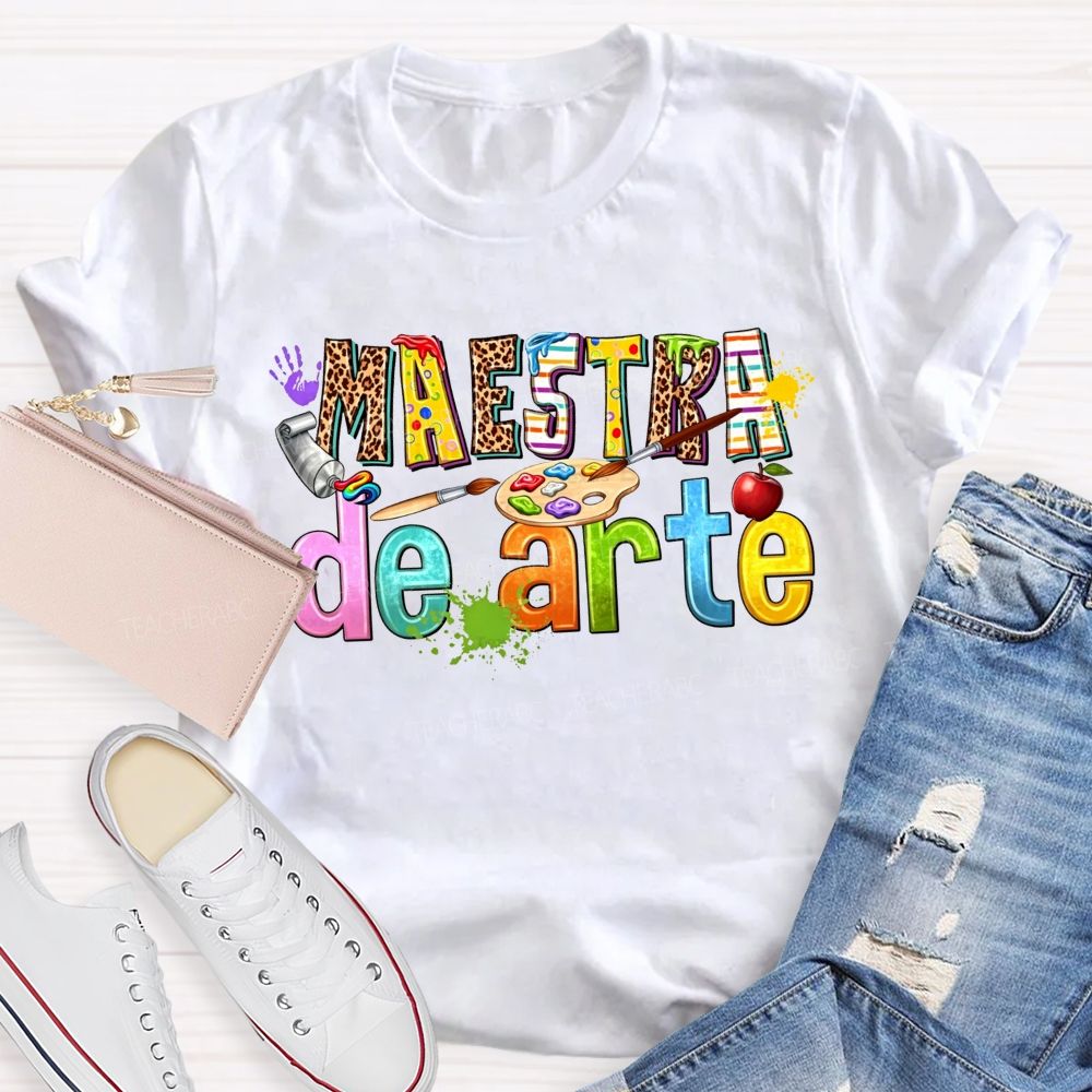 Maestra De Arte Leopard Stripe Letter Paint Palette Art Teacher T-shirt