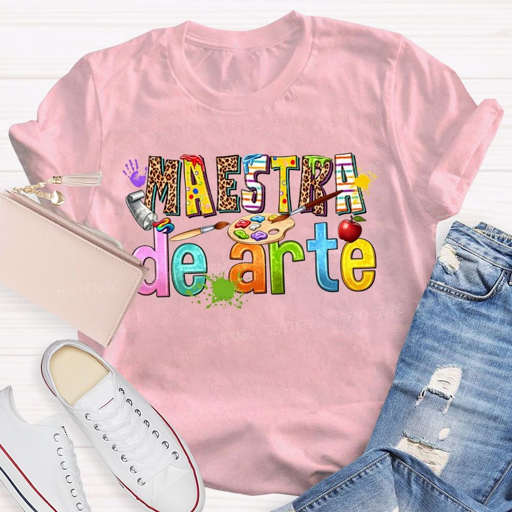 Maestra De Arte Leopard Stripe Letter Paint Palette Art Teacher T-shirt