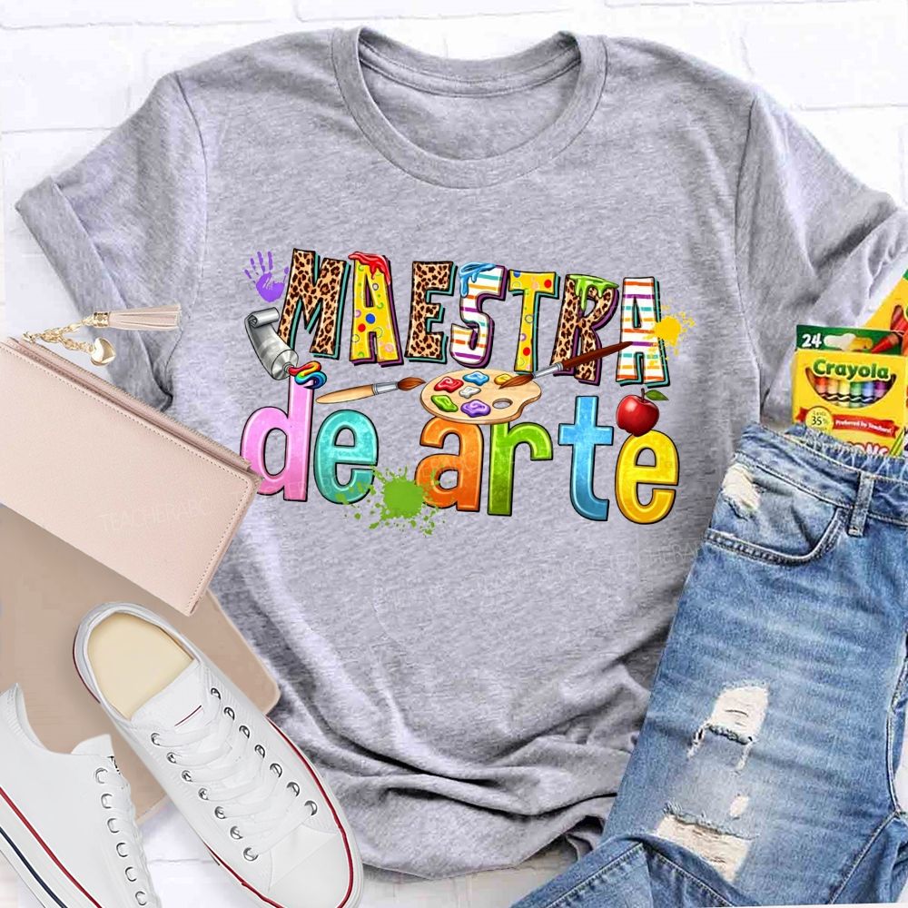 Maestra De Arte Leopard Stripe Letter Paint Palette Art Teacher T-shirt