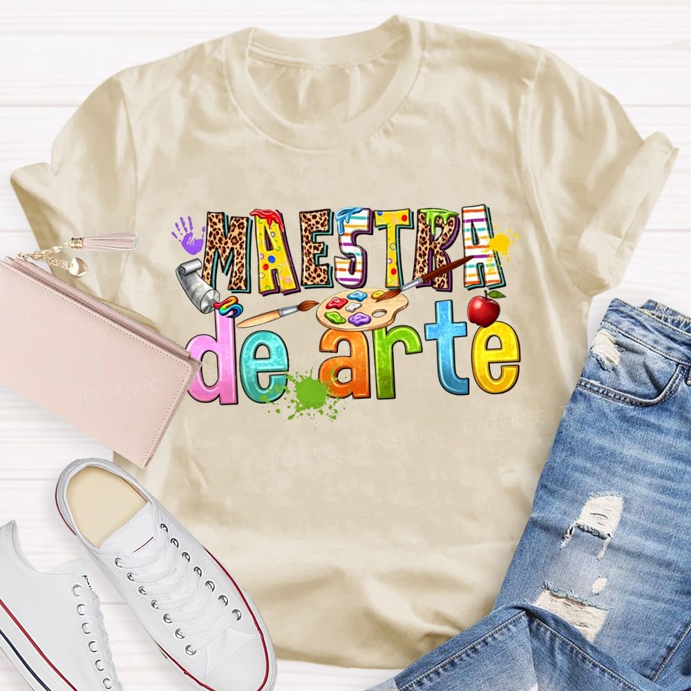 Maestra De Arte Leopard Stripe Letter Paint Palette Art Teacher T-shirt