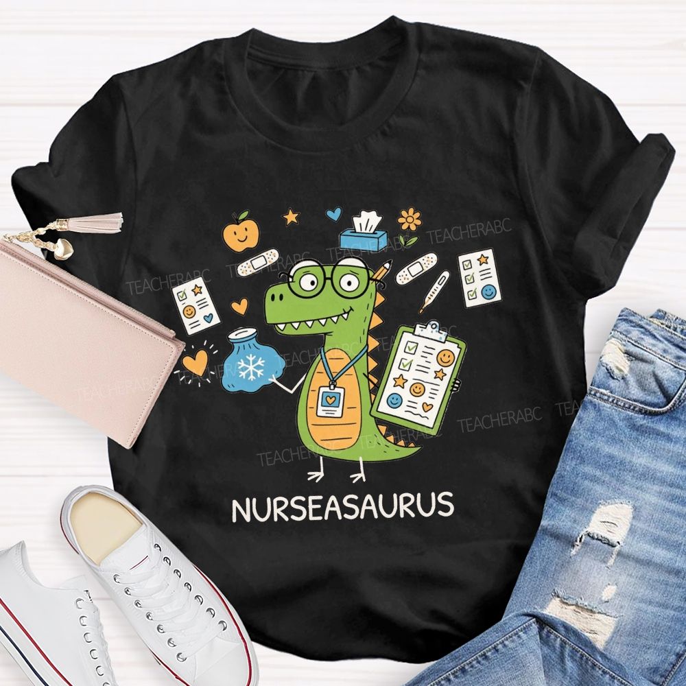 Nurseasaurus Cartoon Dinosaur School Nurse T-shirt