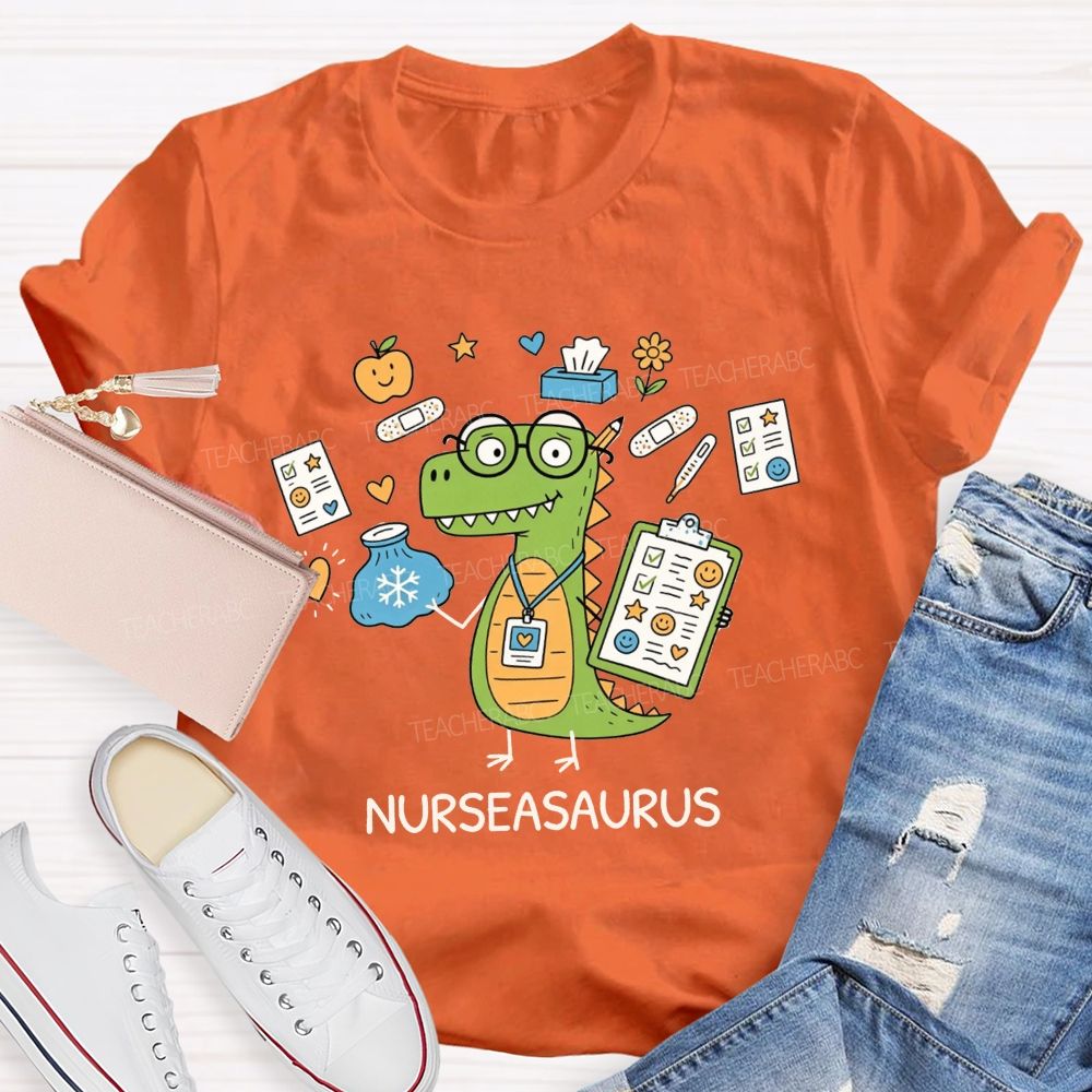 Nurseasaurus Cartoon Dinosaur School Nurse T-shirt