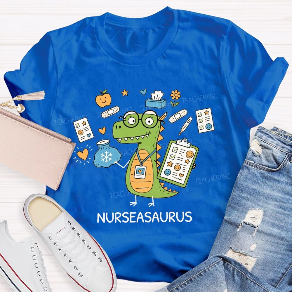 Nurseasaurus Cartoon Dinosaur School Nurse T-shirt