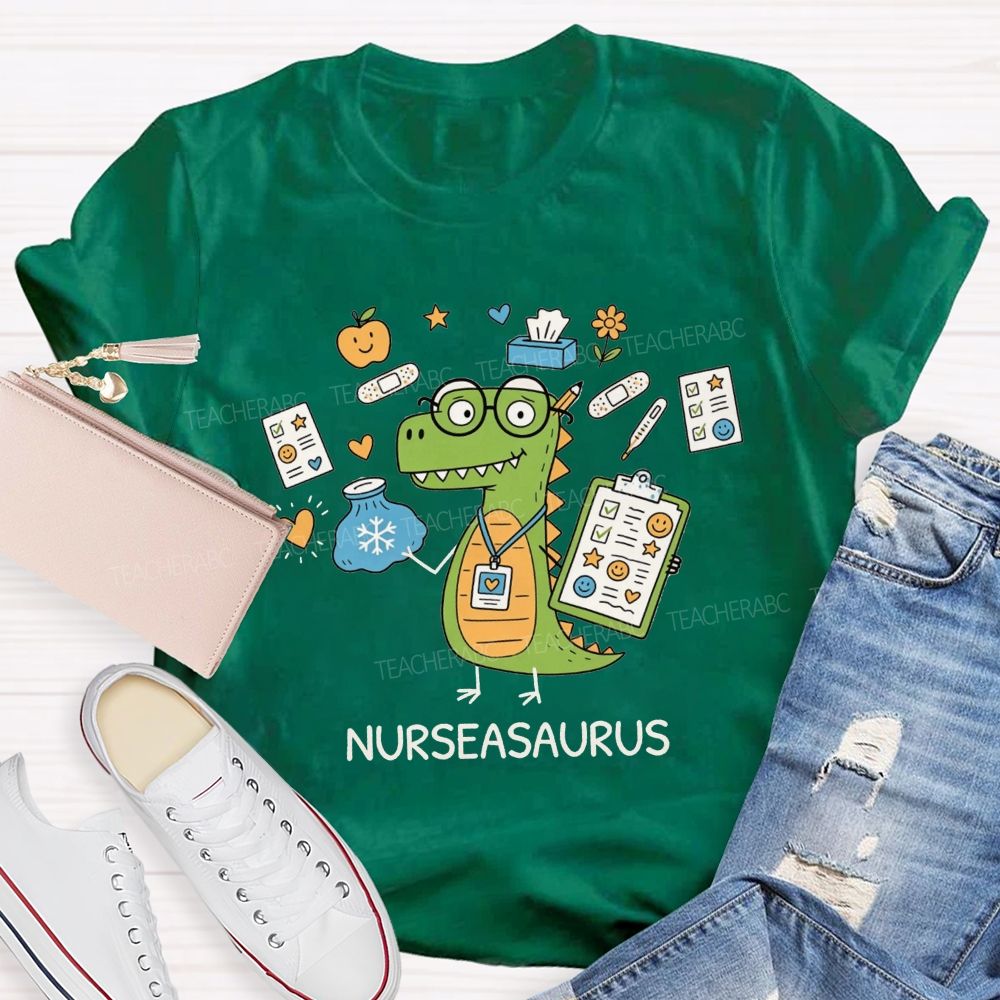 Nurseasaurus Cartoon Dinosaur School Nurse T-shirt