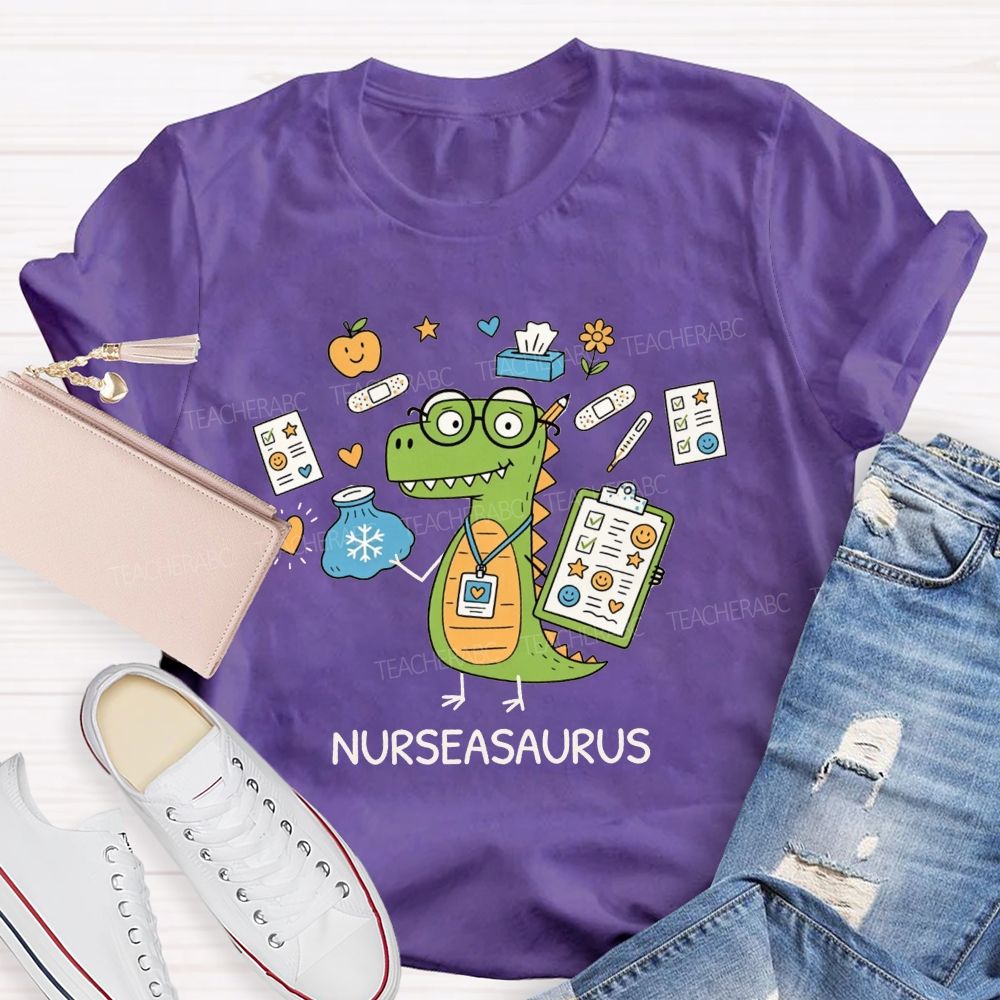 Nurseasaurus Cartoon Dinosaur School Nurse T-shirt