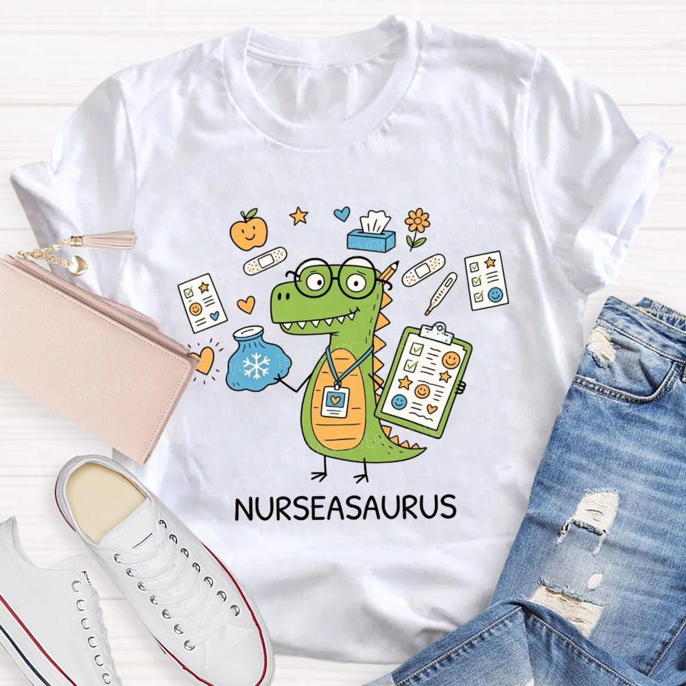 Nurseasaurus Cartoon Dinosaur School Nurse T-shirt