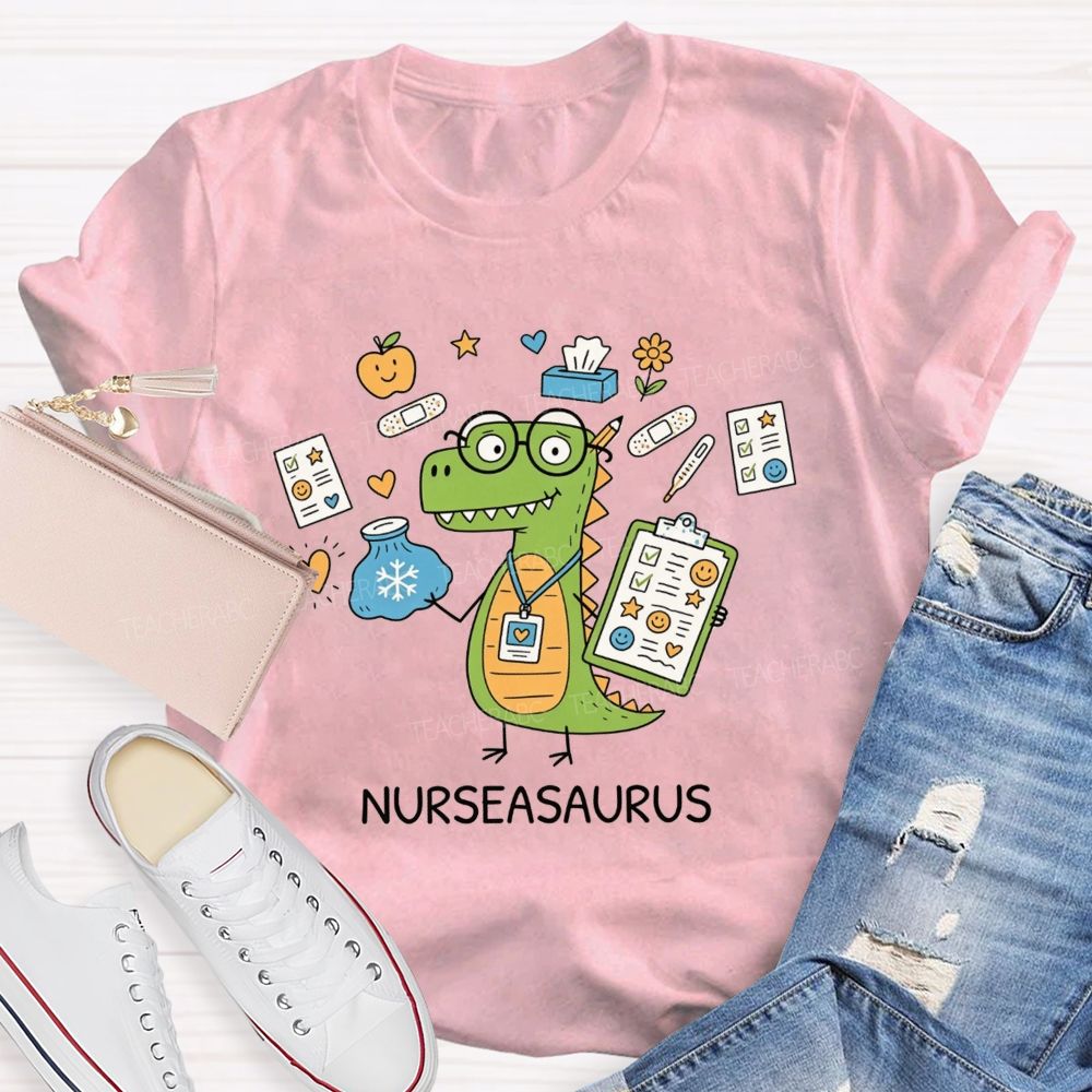 Nurseasaurus Cartoon Dinosaur School Nurse T-shirt