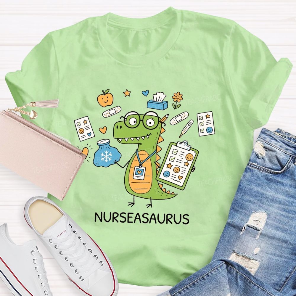Nurseasaurus Cartoon Dinosaur School Nurse T-shirt