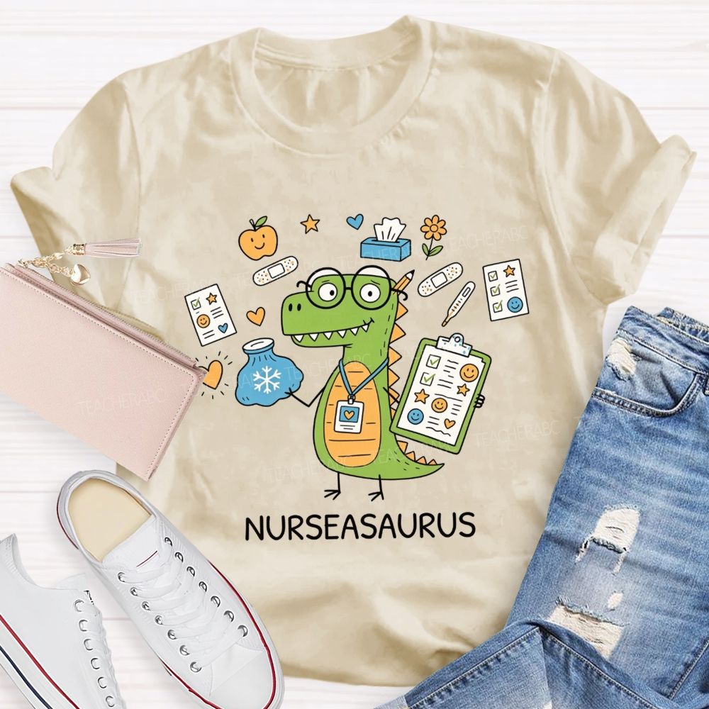 Nurseasaurus Cartoon Dinosaur School Nurse T-shirt