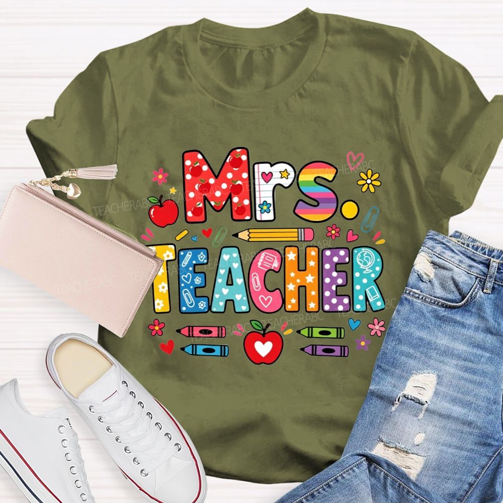 Personalized Name Teacher Colorful Pattern Bubble Letter Apple Crayon Pencil Teacher T-shirt