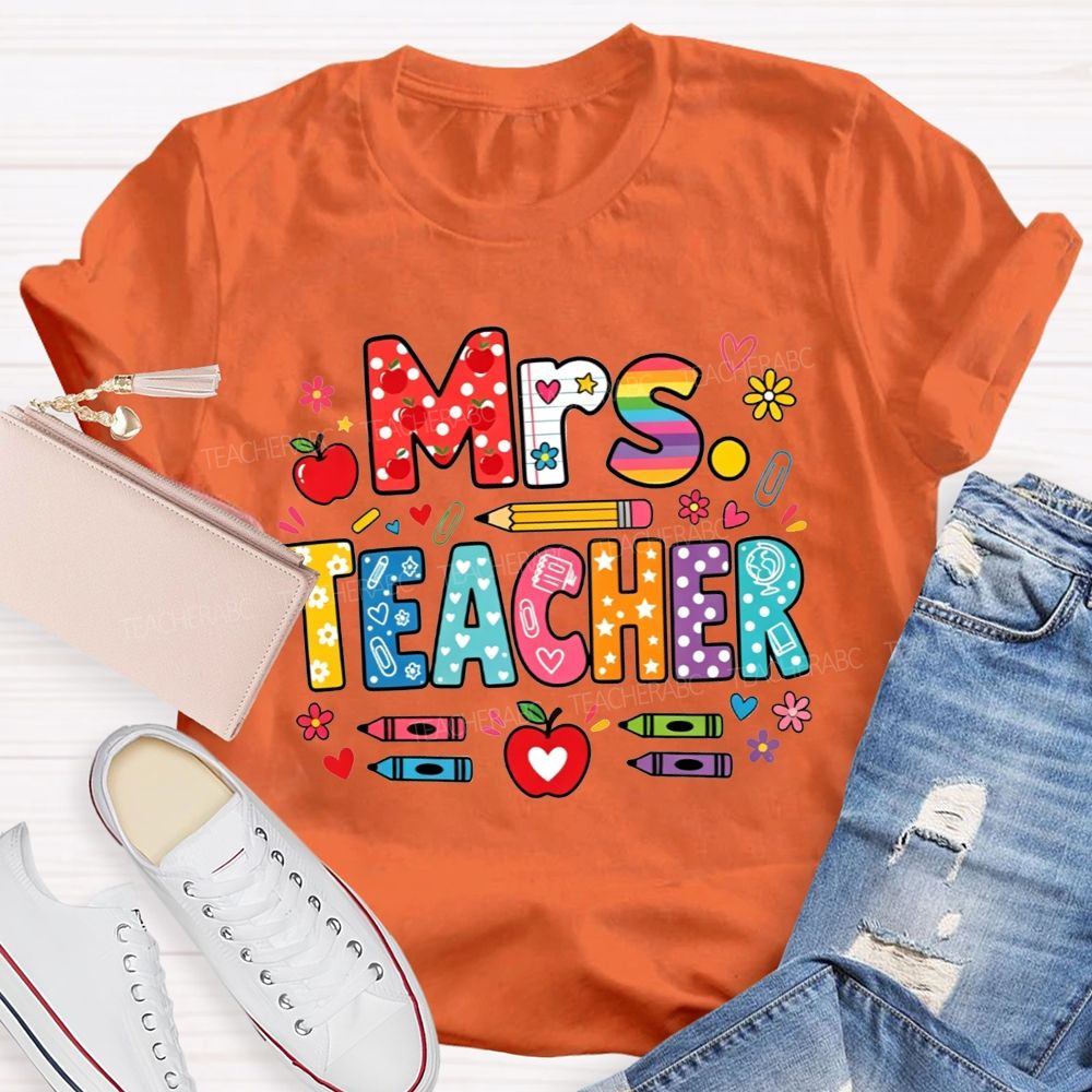 Personalized Name Teacher Colorful Pattern Bubble Letter Apple Crayon Pencil Teacher T-shirt