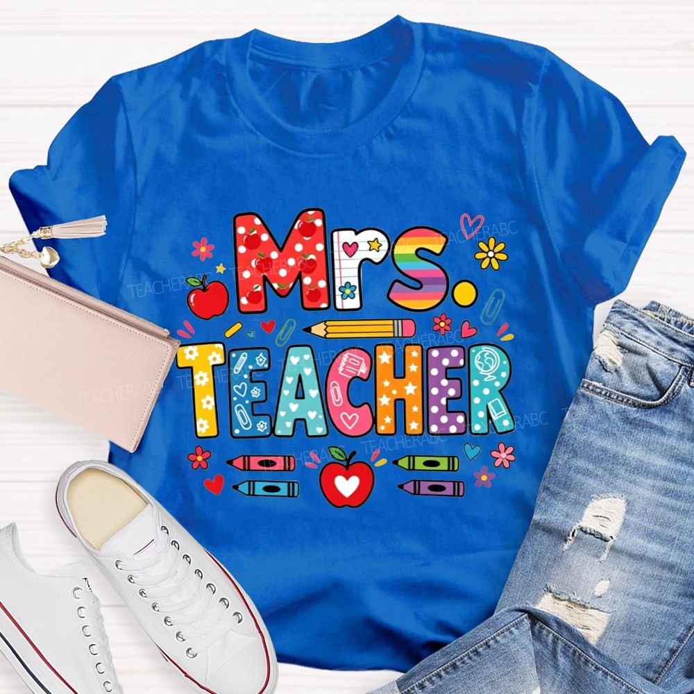 Personalized Name Teacher Colorful Pattern Bubble Letter Apple Crayon Pencil Teacher T-shirt