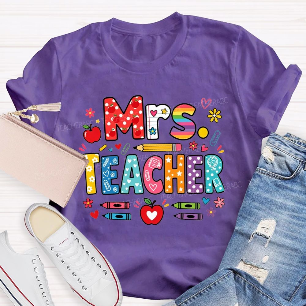Personalized Name Teacher Colorful Pattern Bubble Letter Apple Crayon Pencil Teacher T-shirt