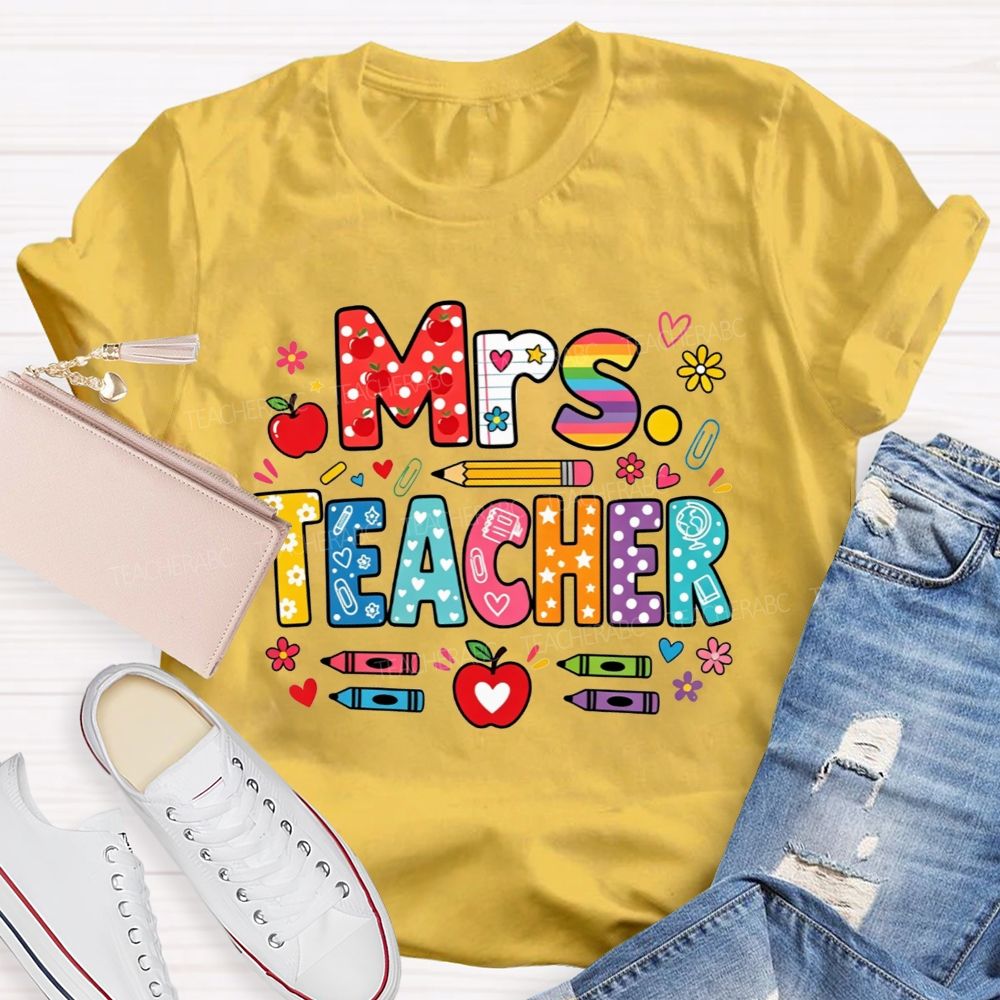 Personalized Name Teacher Colorful Pattern Bubble Letter Apple Crayon Pencil Teacher T-shirt