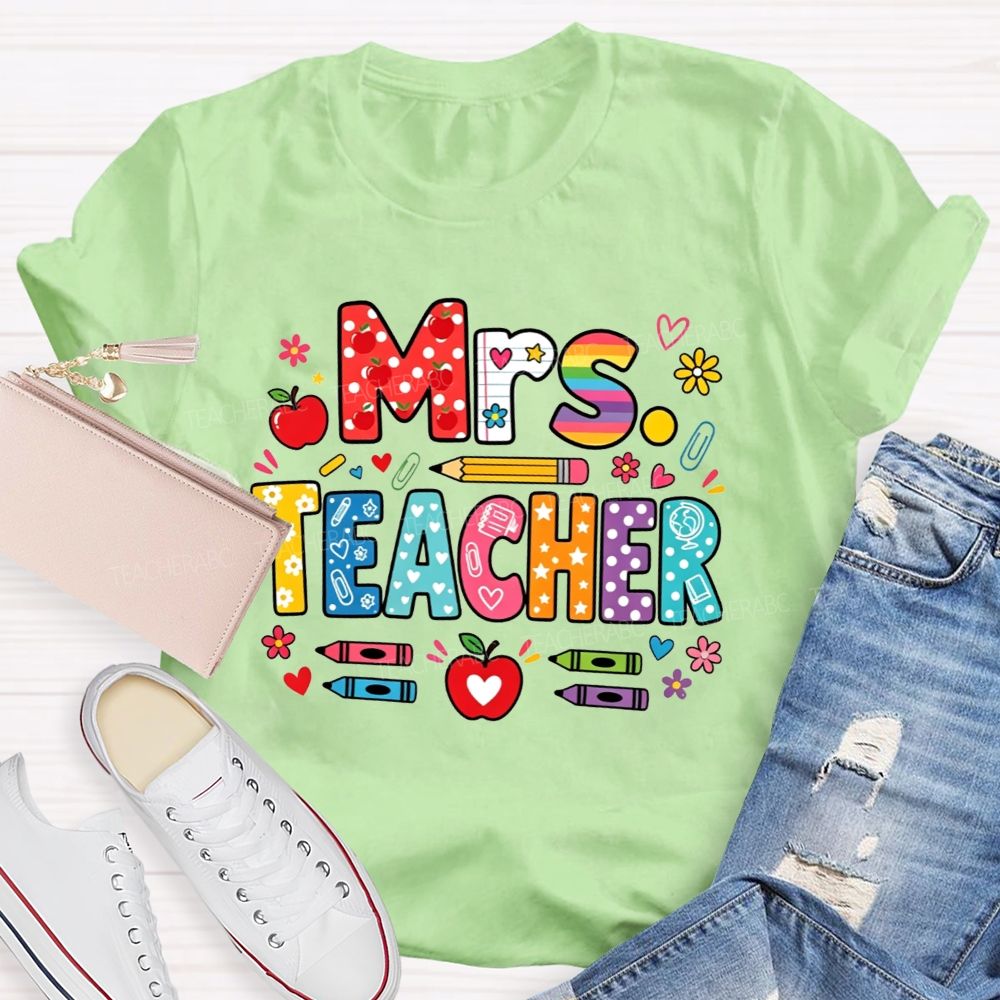 Personalized Name Teacher Colorful Pattern Bubble Letter Apple Crayon Pencil Teacher T-shirt