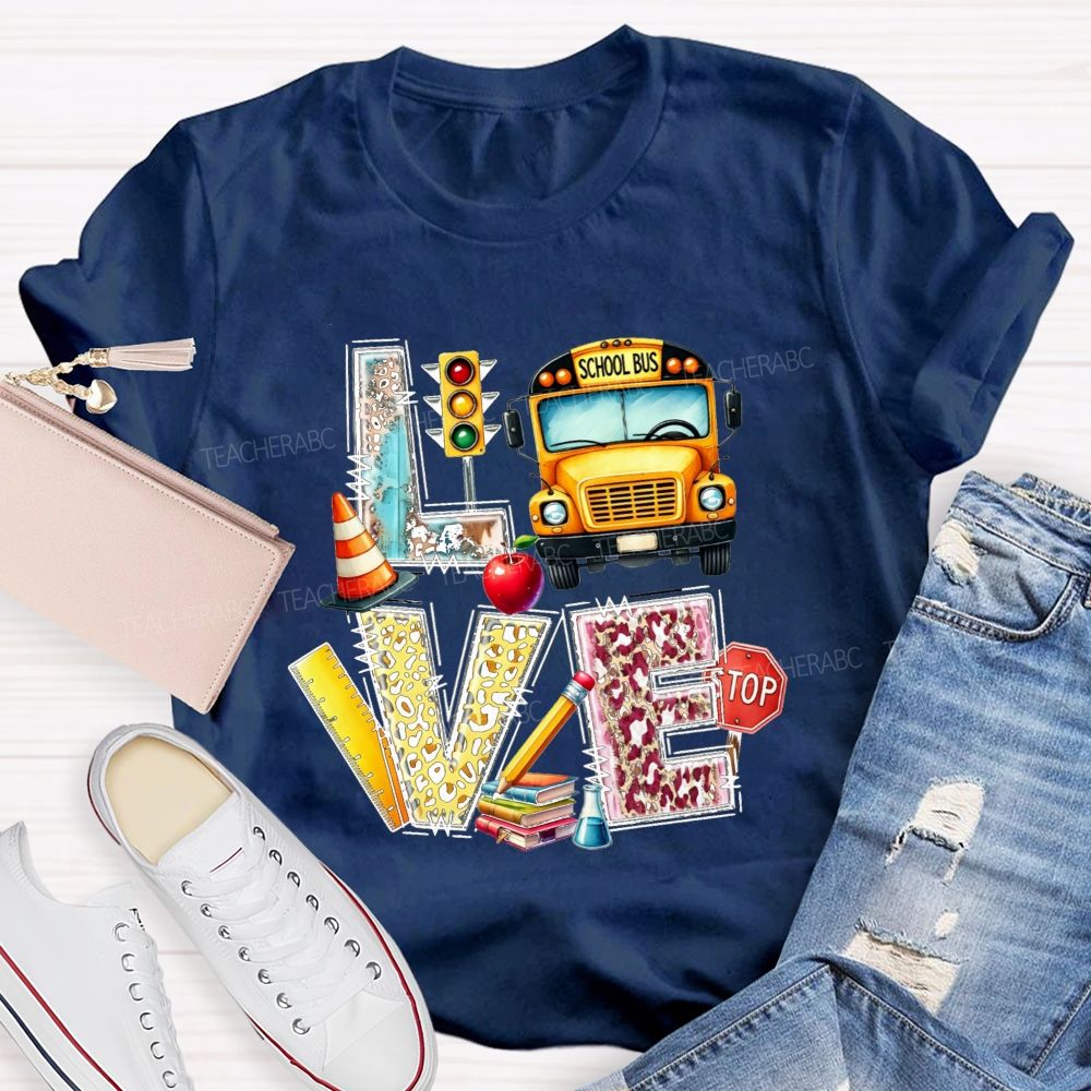 School Bus Driver Love My Job Leopard Letter Teacher T-Shirt