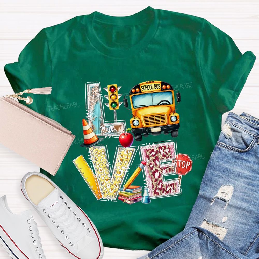 School Bus Driver Love My Job Leopard Letter Teacher T-Shirt