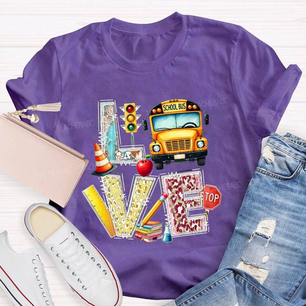 School Bus Driver Love My Job Leopard Letter Teacher T-Shirt