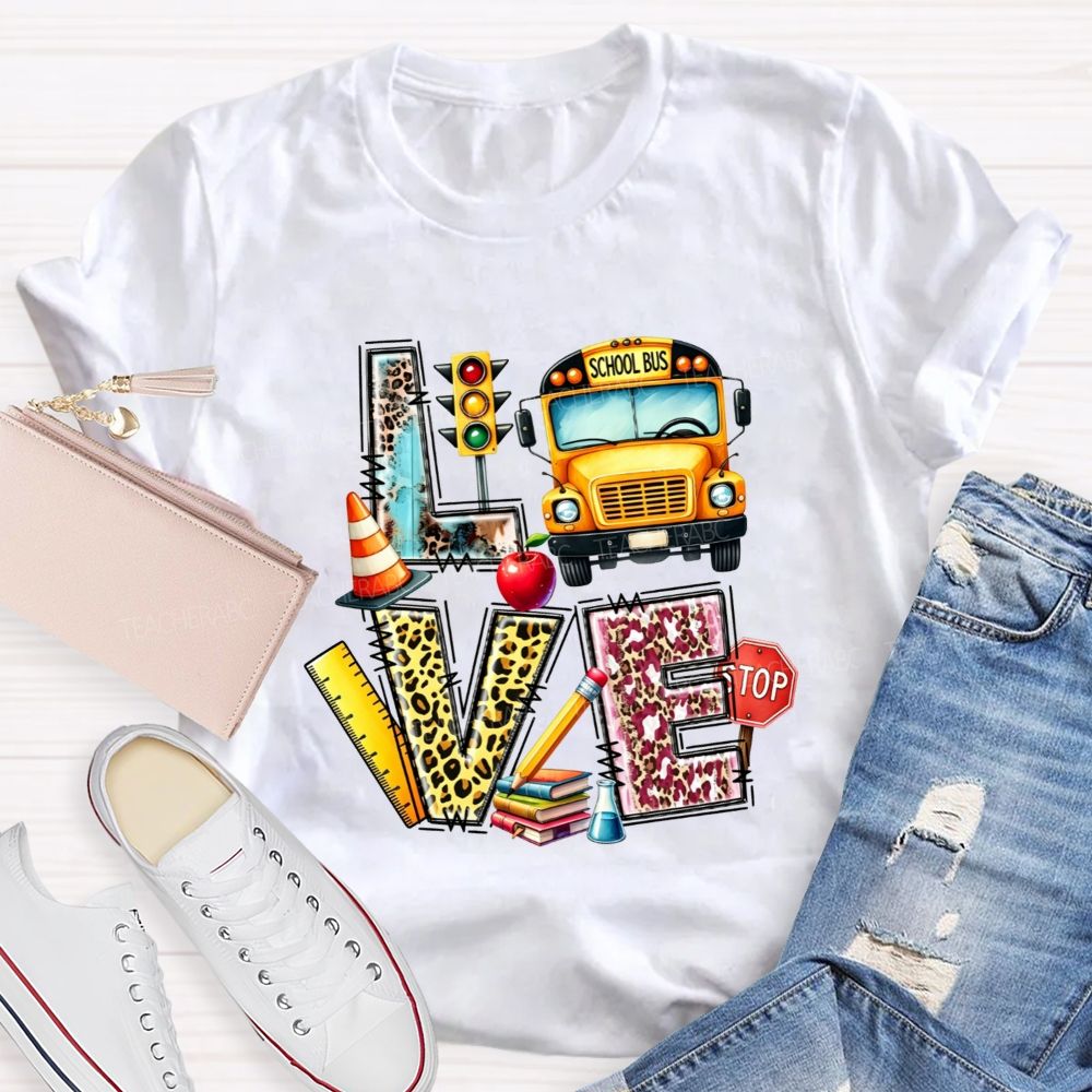 School Bus Driver Love My Job Leopard Letter Teacher T-Shirt
