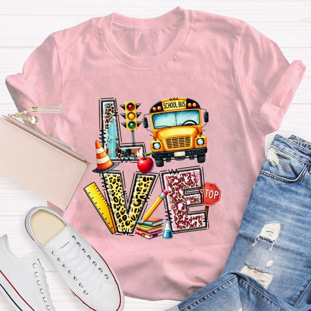 School Bus Driver Love My Job Leopard Letter Teacher T-Shirt