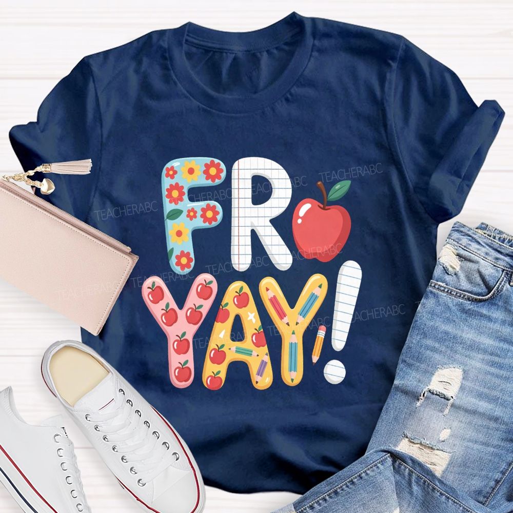 Friyay Happy Friday Flower Strip Teacher T-shirt