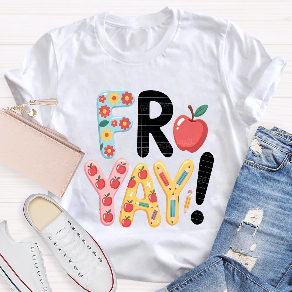 Friyay Happy Friday Flower Strip Teacher T-shirt