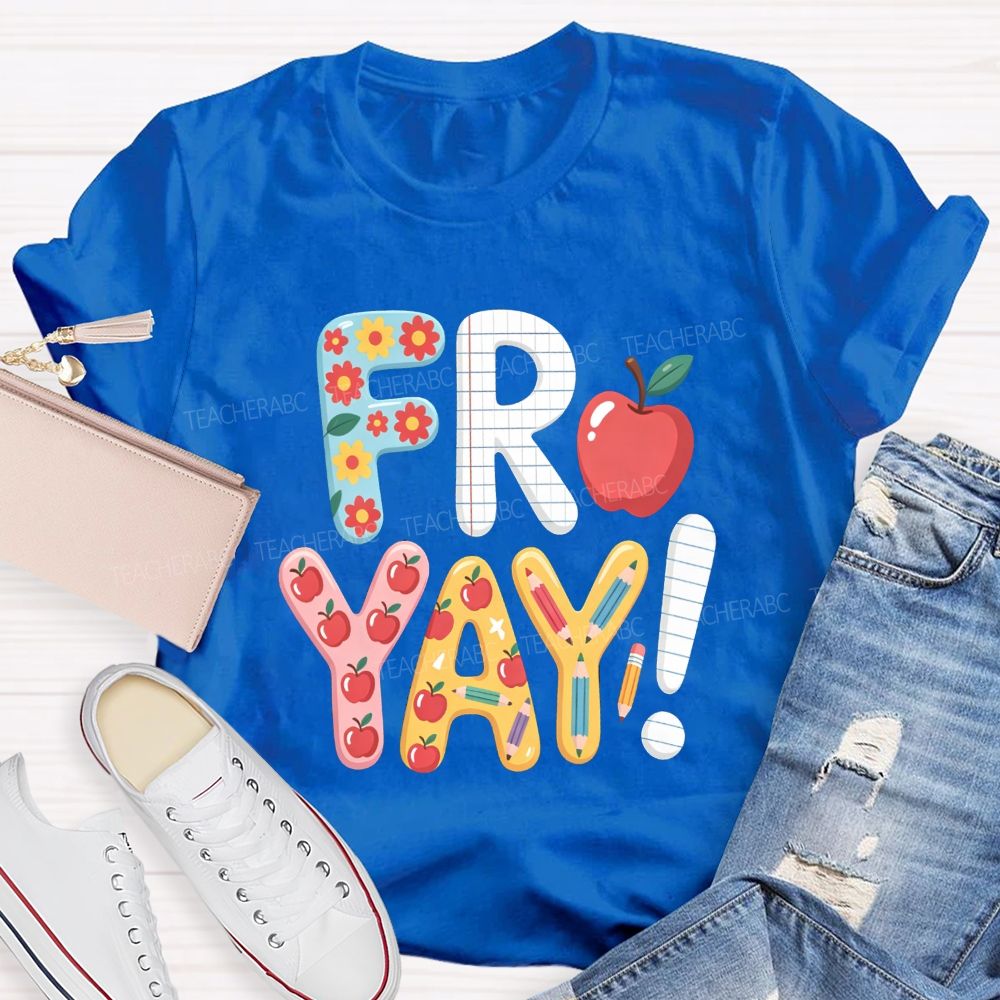 Friyay Happy Friday Flower Strip Teacher T-shirt