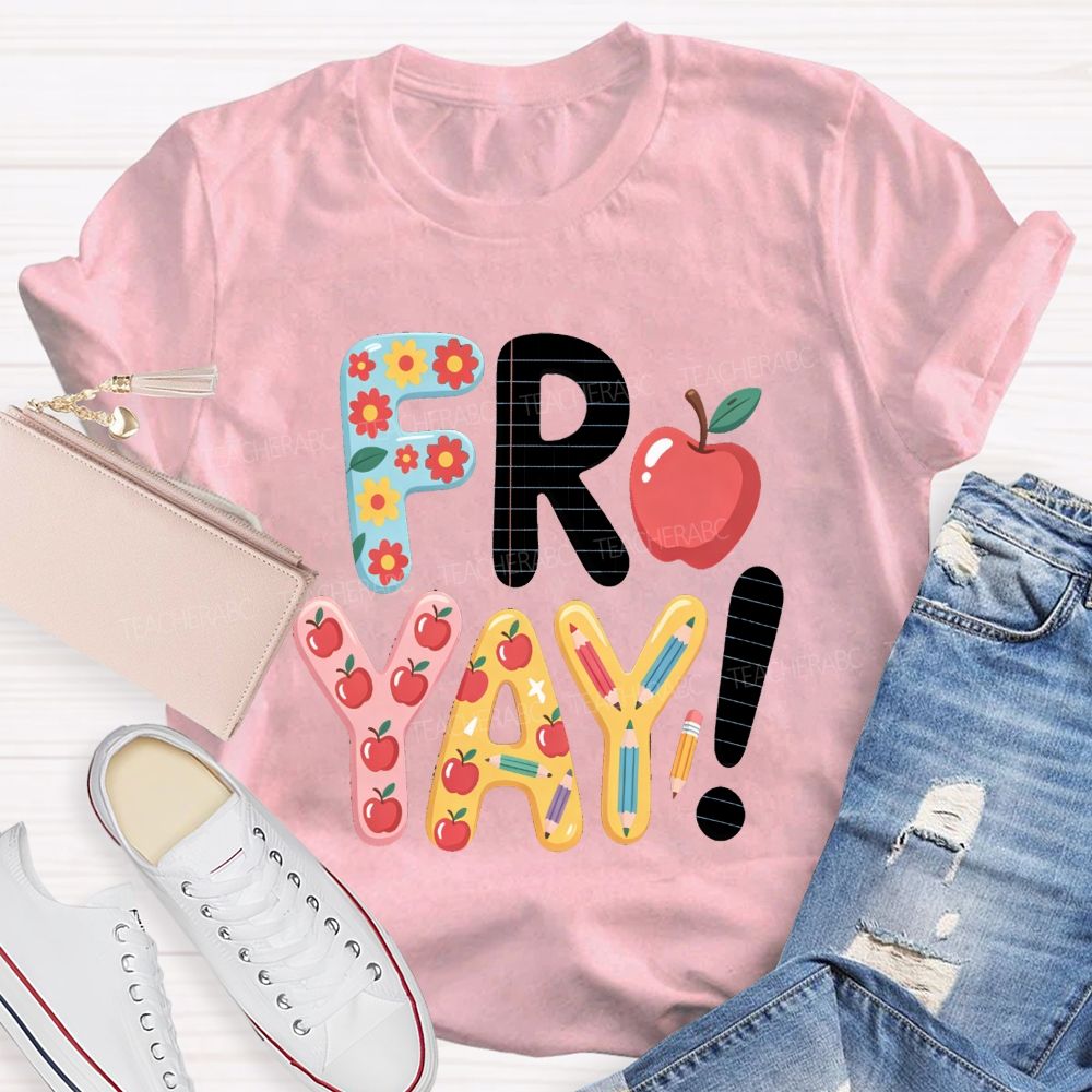 Friyay Happy Friday Flower Strip Teacher T-shirt