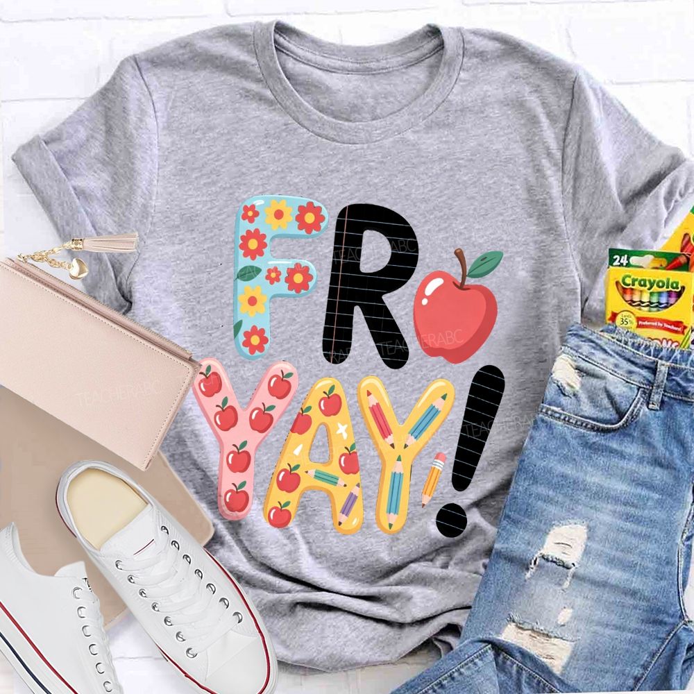 Friyay Happy Friday Flower Strip Teacher T-shirt
