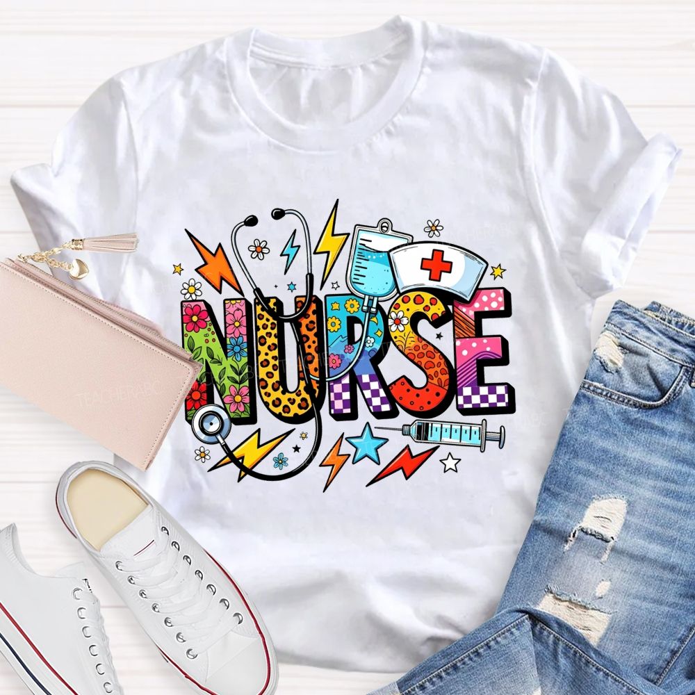 Colorful School Nurse Leopard Floral Nurse T-shirt