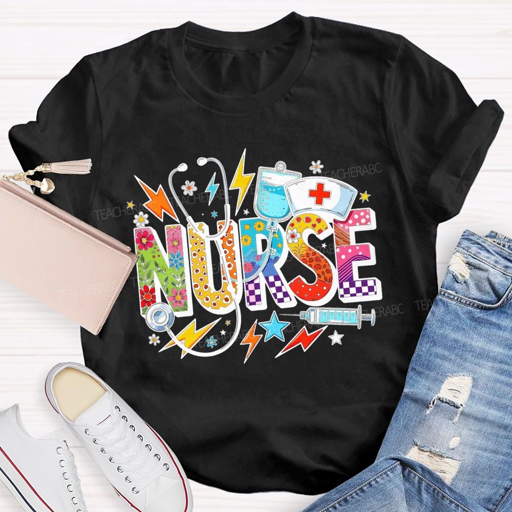 Colorful School Nurse Leopard Floral Nurse T-shirt
