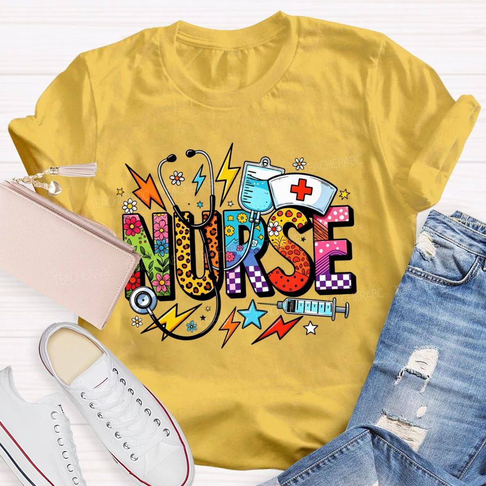 Colorful School Nurse Leopard Floral Nurse T-shirt