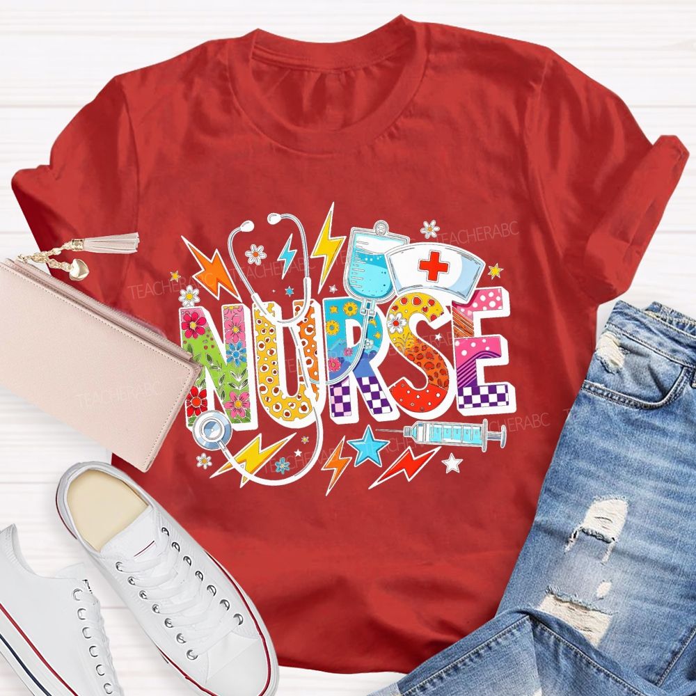 Colorful School Nurse Leopard Floral Nurse T-shirt