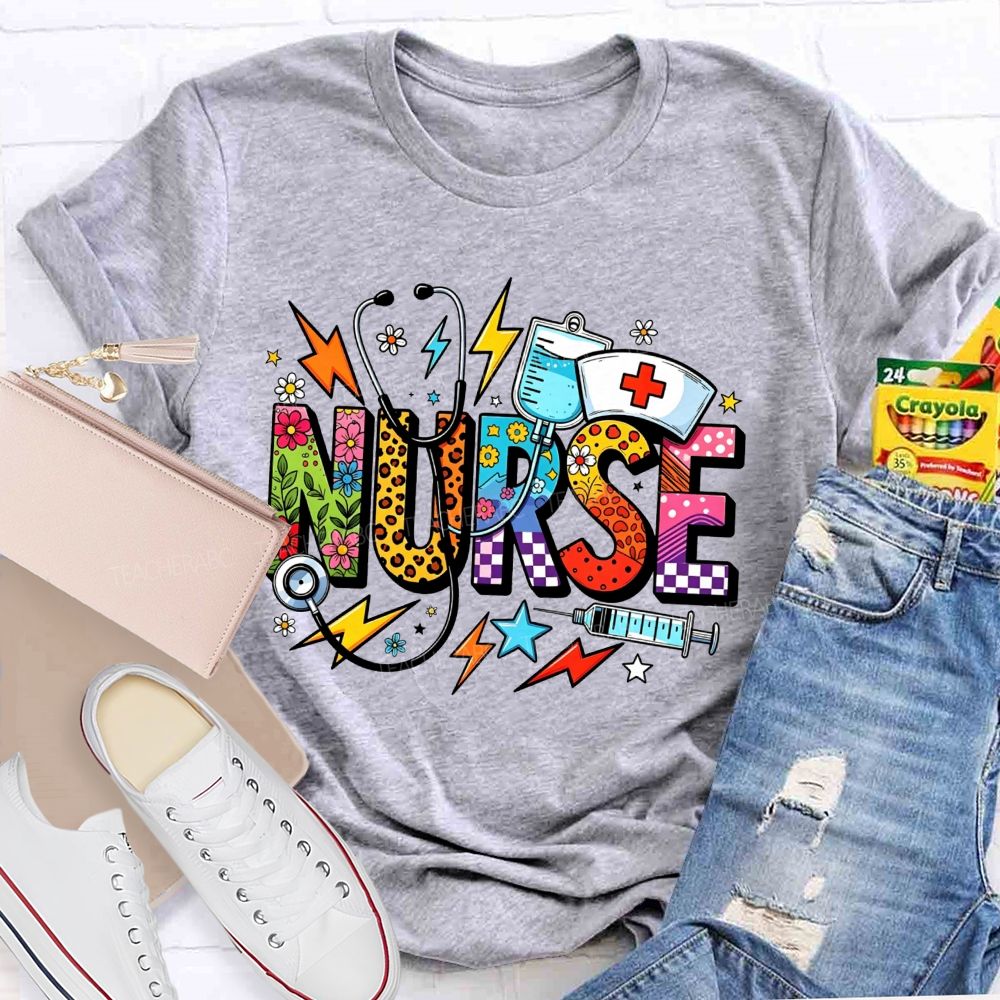 Colorful School Nurse Leopard Floral Nurse T-shirt
