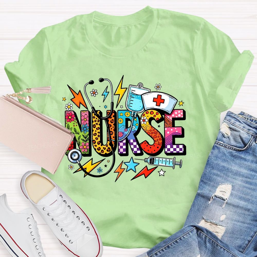 Colorful School Nurse Leopard Floral Nurse T-shirt