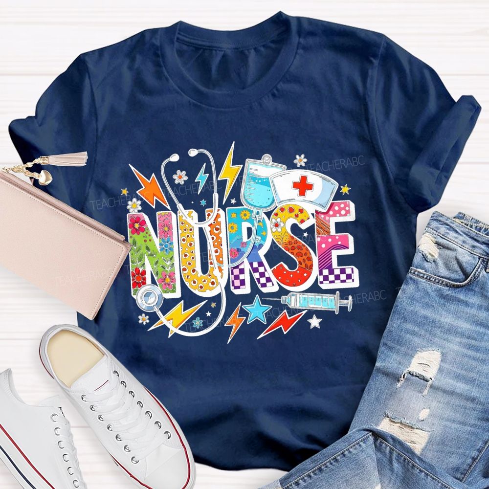 Colorful School Nurse Leopard Floral Nurse T-shirt