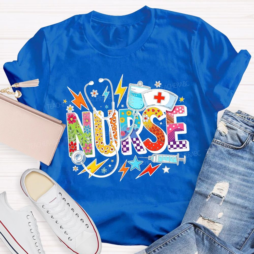 Colorful School Nurse Leopard Floral Nurse T-shirt