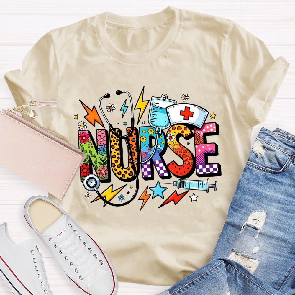 Colorful School Nurse Leopard Floral Nurse T-shirt